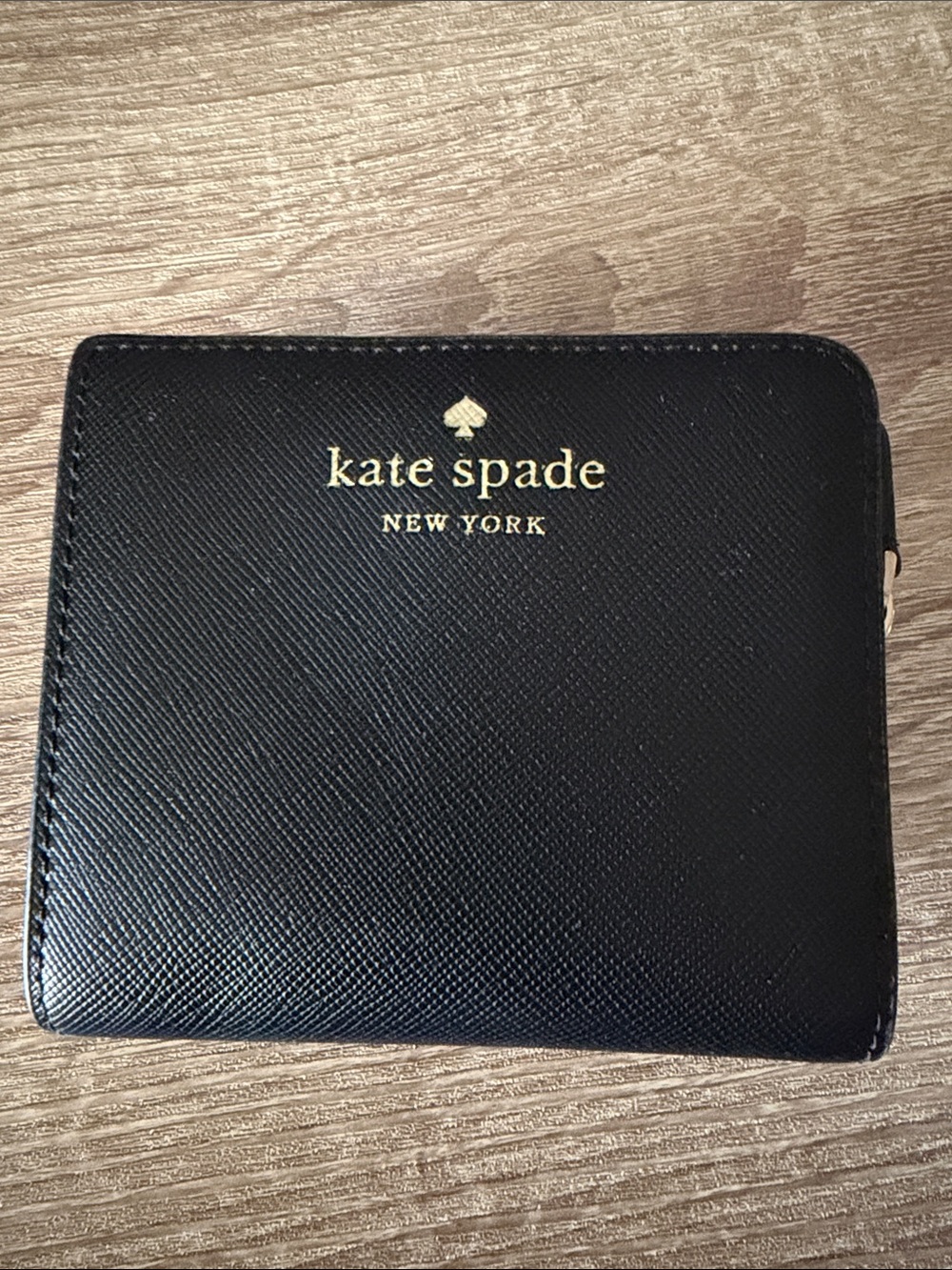 kate spade Black Saffiano Leather Zip Around Wallet with Gold Logo